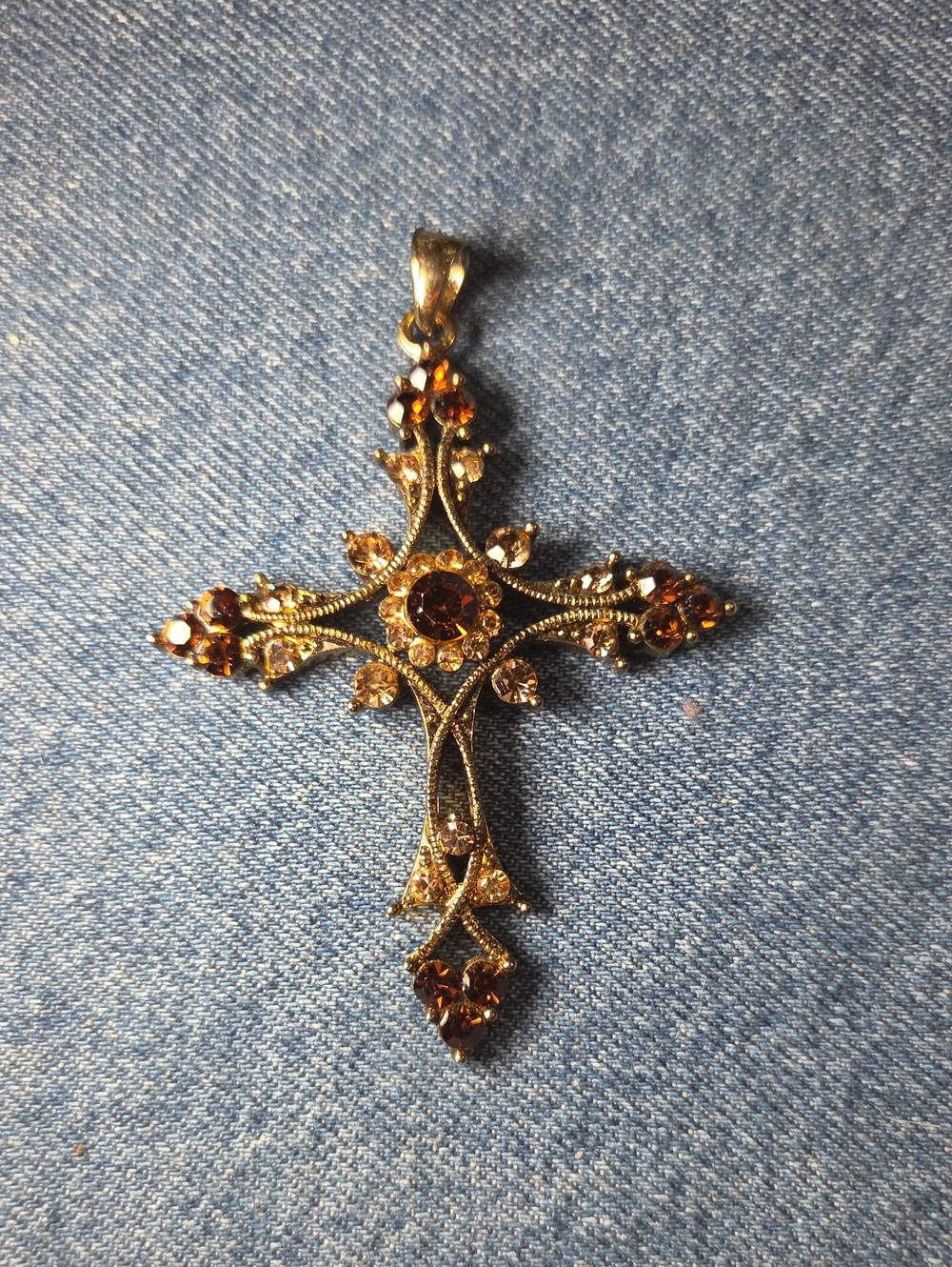 Vintage-Inspired Gold Cross Pendant with Amber Crystal Accents
